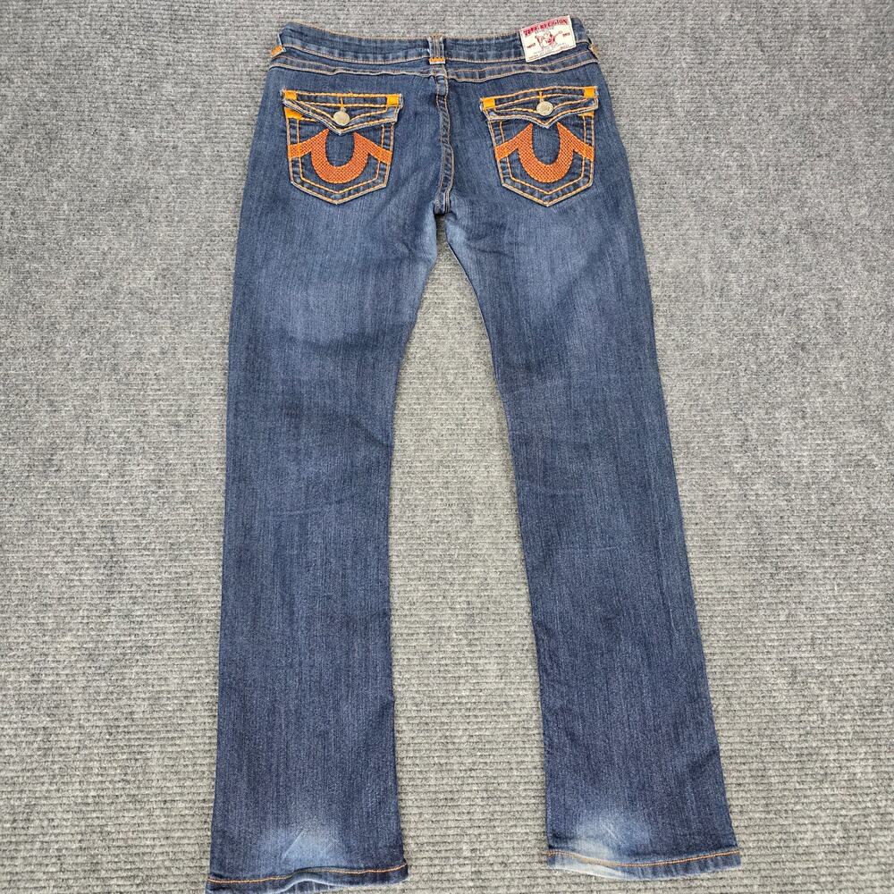 True Religion Joey Super T Jeans Womens 31x33 Blue Orange Stitch Flare Y2K